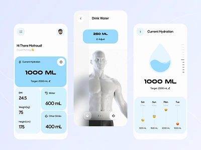 Water drinking reminder app💧 3d app design application design drinking food hydration minimal mobile reminder stats tracker ui ui design ux water water drinking workout