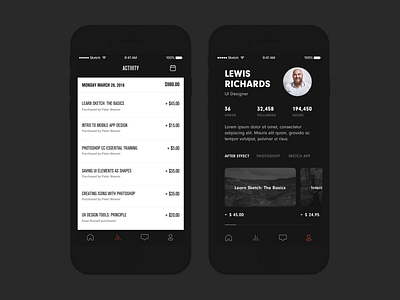 Tuto Contrib App - Activity and Profile template app clean dark flat interface minimal ui ux