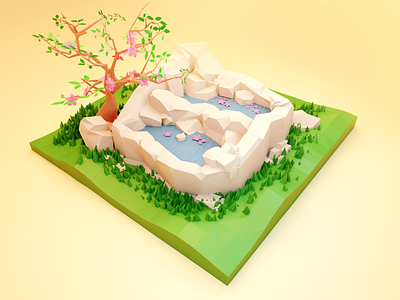Session of Spring Low Poly 3d blender blossom illustration isometric lake low poly spring