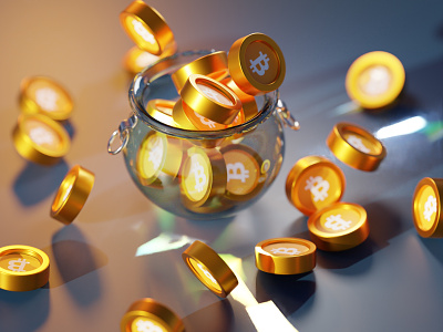 Glass cauldron pot full of golden Bitcoin 3d bitcoin blender btc cauldron glass golden pot