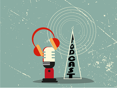 Podcast audio broadcast cover illustration microphone podcast radio studio vector