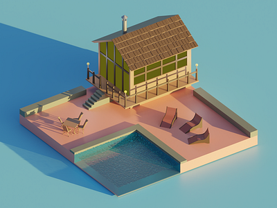 Holiday house with swimming pool 3d blender illustration