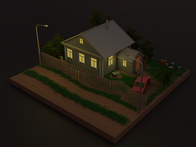 Small house in the village at night 3d blender illustration