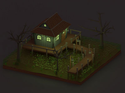 Witch's house in the swamp 3d blender illustration