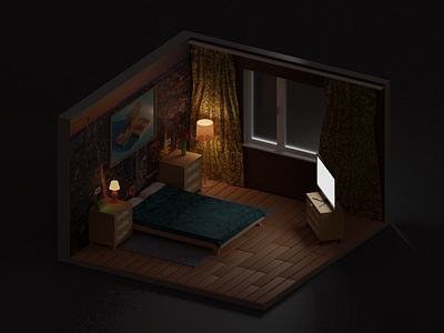 Room in the dark of night 3d blender illustration