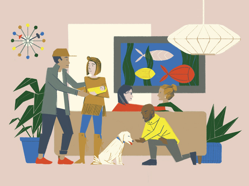 Friends & Family people mid century living room family illustration