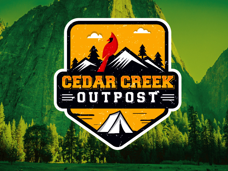 Cedar Creek Outpost rustic clouds mountains trees cardinal adventure creek cedar logo outdoor