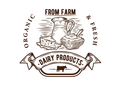 Vintage Logo Design for a Dairy Products Business. adobe illustrator animal butter cheese cow custom dairy drink food fresh healty illustration logo maker logodesign milk organic products retro vintage yogurt