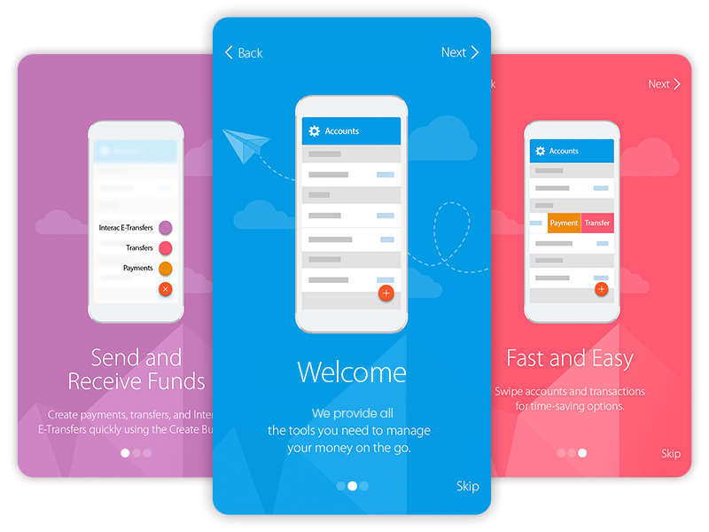 Onboarding - One Two Three welcome ui ux transfer payment banking finance send app material steps onboarding