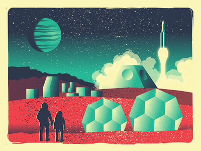 Distant Future One card exploration game geometric illustration retro rocket scifi space vector
