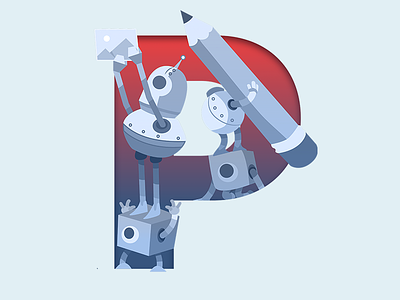 P of Robots & Pencils ampersands blue bot character illustrator pencils red robots typography vector