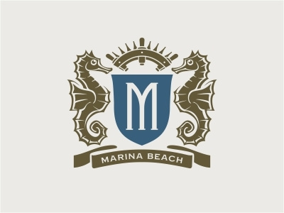 Seahorses Crest Logo beach coat of arms crest fish letter m logo marina maritime rudder sea seahorse shield