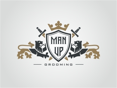 Logo for grooming product coat of arms crest crown grooming lion manly shield sword
