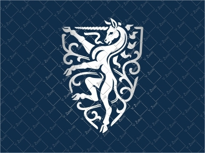 Unicorn logo blue decorative feminine heraldry horn horse logo for sale ornamental shield silver unicorn
