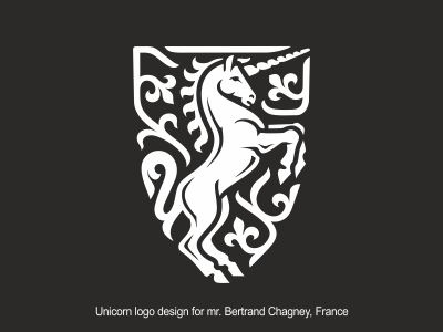 Unicorn logo design for mr. Bertrand Chagney, France animal logo coats of arms unicorn crest logo fleur de lis logo fleur de lys heraldry logo horse logo shield logo unicorn unicorn logo