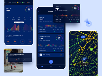 Plume Labs App activity air pollution air quality app aqi card colorscale dashboard environment forecast graph health map mapbox mobile plume labs product design sketch ui ux