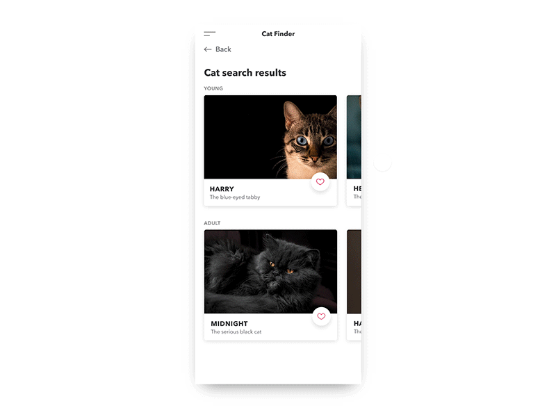 Cat Finder (13/15) animation design design tools favorite heart invision invisionstudio liking microinteraction transition ui weeklyuichallenge