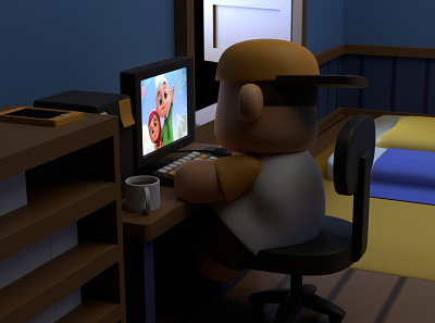 coci is watching a movie 3d 3d blender 3d character 3d cute blender character design icon illustration logo ui