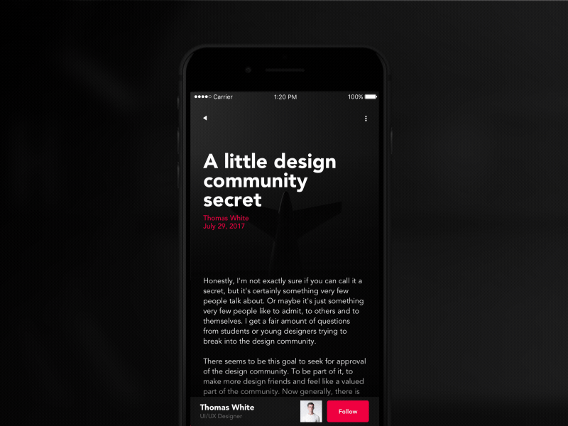 Photography app UI kit - Blog post black clean dark design interface ios minimal minimalist photography typography ui ux