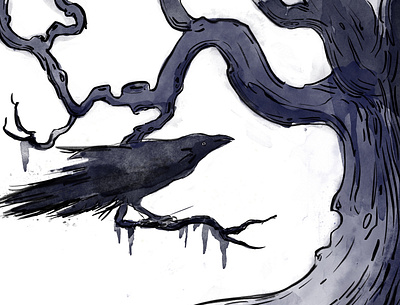 The Raven art crow digital illustration ink mistical procreate raven tree watercolor woods