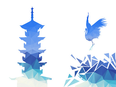 Pagoda. asia blue pagoda polygon simbol stork triangular vector