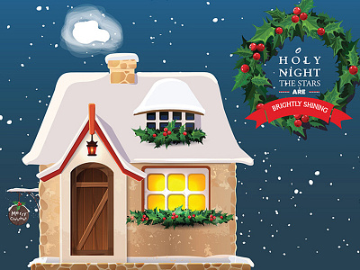 O Holy night... card christmas house illustration snow vector