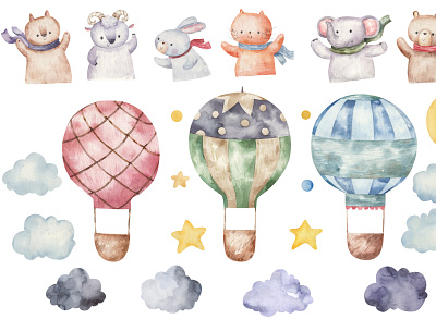 Childish watrecolor set with air hot balloons animals in air balloon balloon hot air balloon illustrations travel up in the air watercolor watercolor clipart watercolor illustration
