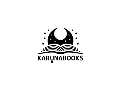 Karunabooks Logo 2d black white book emblem logo logodesign moon stars vector