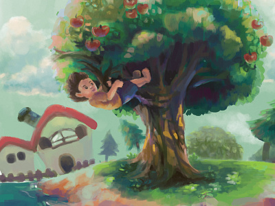 Boy climbing a tree children childrens book digital environment illustration painting tree