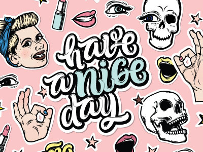 Have a nice day girl girlish have a nice day patch fabric pink skull stars sticker set stickers