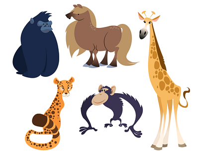 Buncha animals cartoon character character design cheetah chimpanzee flat giraffe gorilla illustration midcentury pony texture vector wildlife