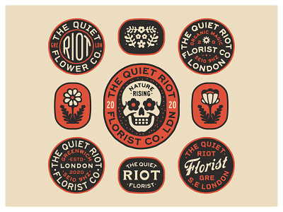 Quiet Riot Badges art badge branding design dribbble flowers graphic design identity illustration lockup logo portfolio skull typography