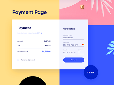 Payment Page app basket bitcoin blue card cart color scheme confirm design finance money pay payment payment app payment form payment method payments ui ux yellow
