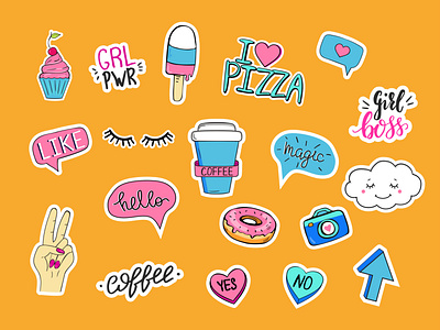 Girly stickers colorful fun funny girl boss girly illustration patches pink set stickers