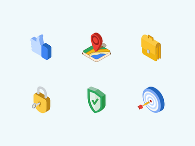 Isometric icons pack 3d style briefcase case castle darts hand icon iconography icons pack illustration isometric like location lock map shield ui vector web