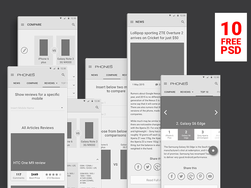 Download Free PSD Wireframes for Phones Reviews - Material Design by Abdulhameid Grandoka on Dribbble