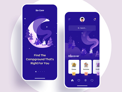 The best camping companion for your smartphone. app design art awsmd camp camping creative home page illustration minimal mobile multicolor night onboarding product design sky ui ux
