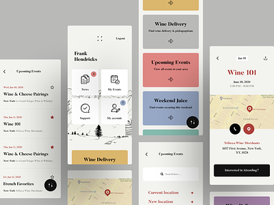 Wine events and festivals application app design awsmd cards ui colors dashboard ecommerce events graphics illustration interaction interface design map minimal mobile product design profile ticket booking tickets ui ux
