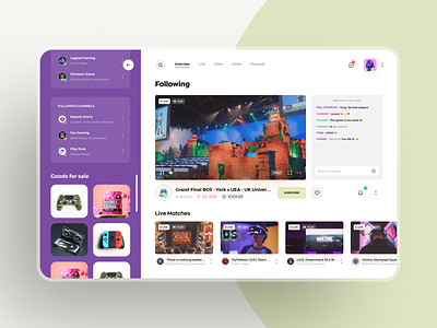 Live streaming application for gamers. awsmd broadcasting chat dashboard dashboard ui ecommerce app game gaming live minimal product design streaming streaming app ui ux video web app web design