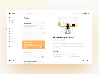 Notes App concept creative dashboard graphics illustration interface landing page layout minimal notes app organizer product design to do app ui ux web app widgets
