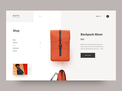 Rains. Backpack store. awsmd backpack cart clean creative design ecommerce fashion interaction interface landing page layout minimal orange product rains shop store typography wear