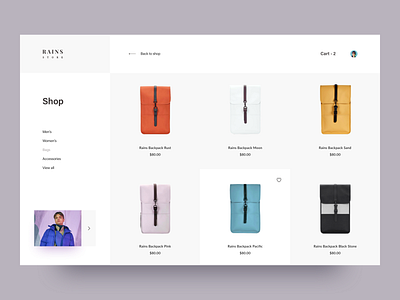 Rains. Backpack store awsmd backpack cart clean creative design ecommerce fashion interaction interface landing page layout minimal orange product rains shop store typography wear