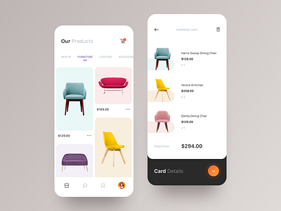 E-commerce App Interface 2019 app awsmd cart chairs checkout creative design ecommerce fashion furniture interaction interface layout minimal product store typography ui ux