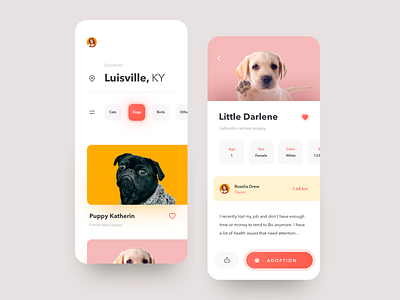 Pets Adoption animal app art awsmd charity clean clean creative design dog donate illustration interaction layout mobile app onboarding pet adoption pet app pet care uidesign ux flow