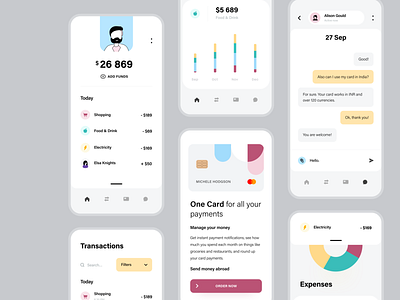 Fintech App banking bar chart chat credit card currency dashboard data finances fintech fintechapp graph illustrations payments profile support transactions ui uiux