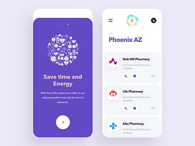 Mobile app - Online Pharmacy app design cards clean clean ui doctor icons illustration listing medical minimal onboarding pharmacy product search ux