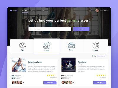 FitMe - Fitness Scheduling App booking card fitness fitness app flat icons landing page product design search tabs trainer webdesign