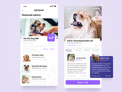 Groomy Mobile App for pets breed dog groomer list mobile pet profile review search summary swipe ui user experience user interface ux