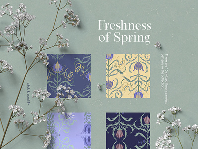 Freshness of Spring bohemian pattern botanical pattern botanicals prints fashion prints floral elements floral pattern flowers fresh flowers graphic design hand drawn floral meadow florals mint color nature colors organic pattern pastel flowers postcard design seamless pattern spring illustration spring pattern very peri