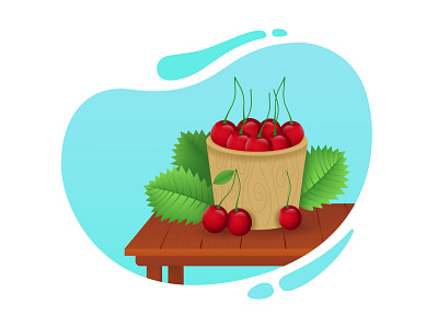Realistic cherry illustration. 3d color cherry fruit gradient illustration leaves realistic cherry vector wood wood table